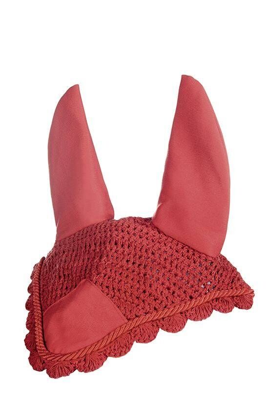 Equine fly bonnet. Red crochet with red cord trim