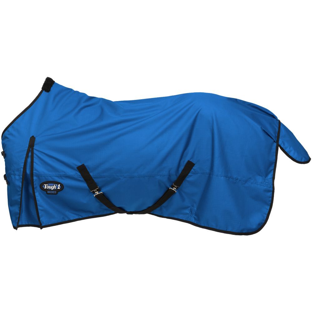 A blue horse blanket with black trim and straps, featuring a small 'Tough 1' logo patch, shown against a plain white background.