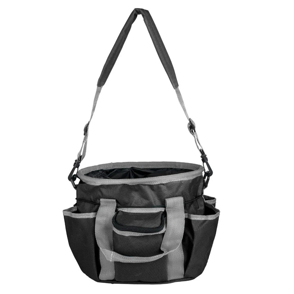 Black and gray hanging organizer with multiple pockets on a white background