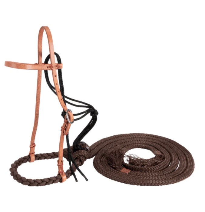 side view of a light brown leather and nylon western hackamore bridle
