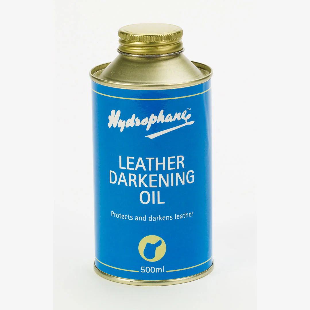 Blue can with white letters. Hydrophane Leather darkening oil.