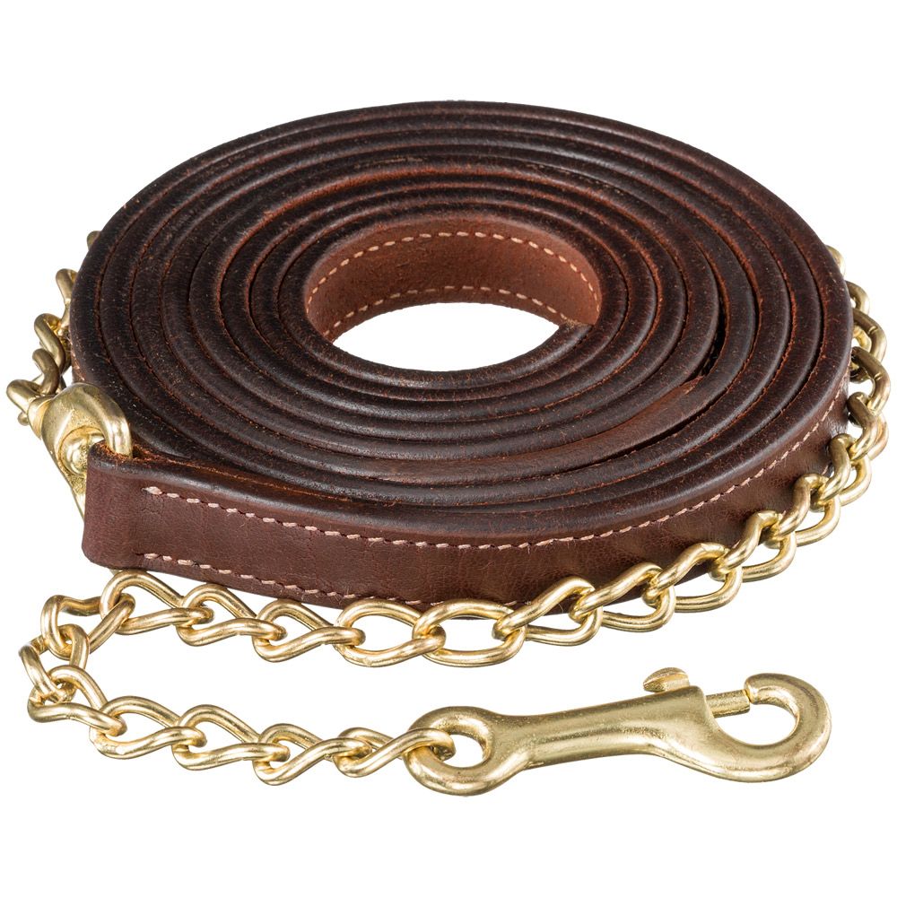 Leather lead with brass colored chain