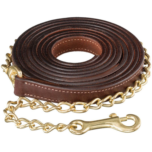 Leather lead with brass colored chain