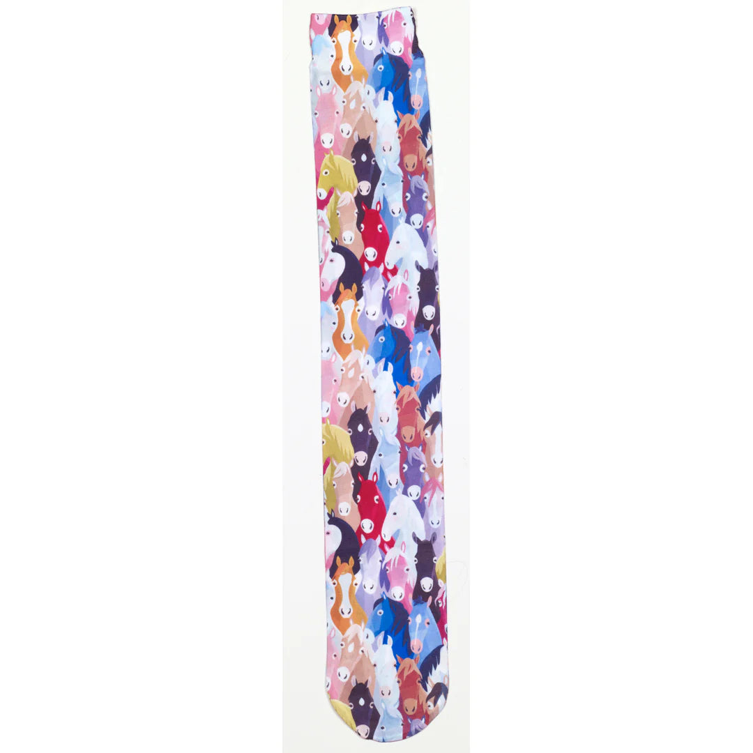 tall sock with colorful horse faces all over print