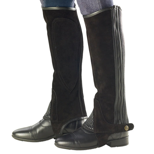 black suede half chaps with outside zipper