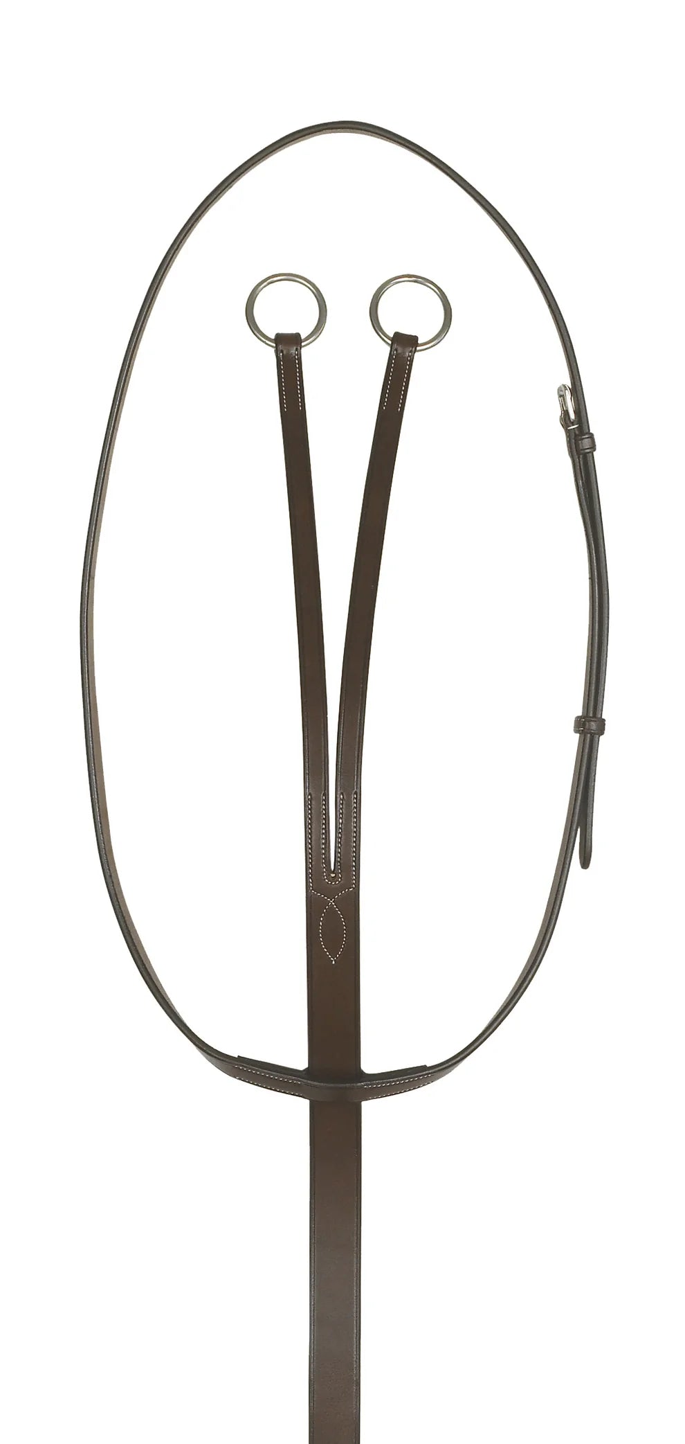 Brown leather running martingale with two rings on a white background