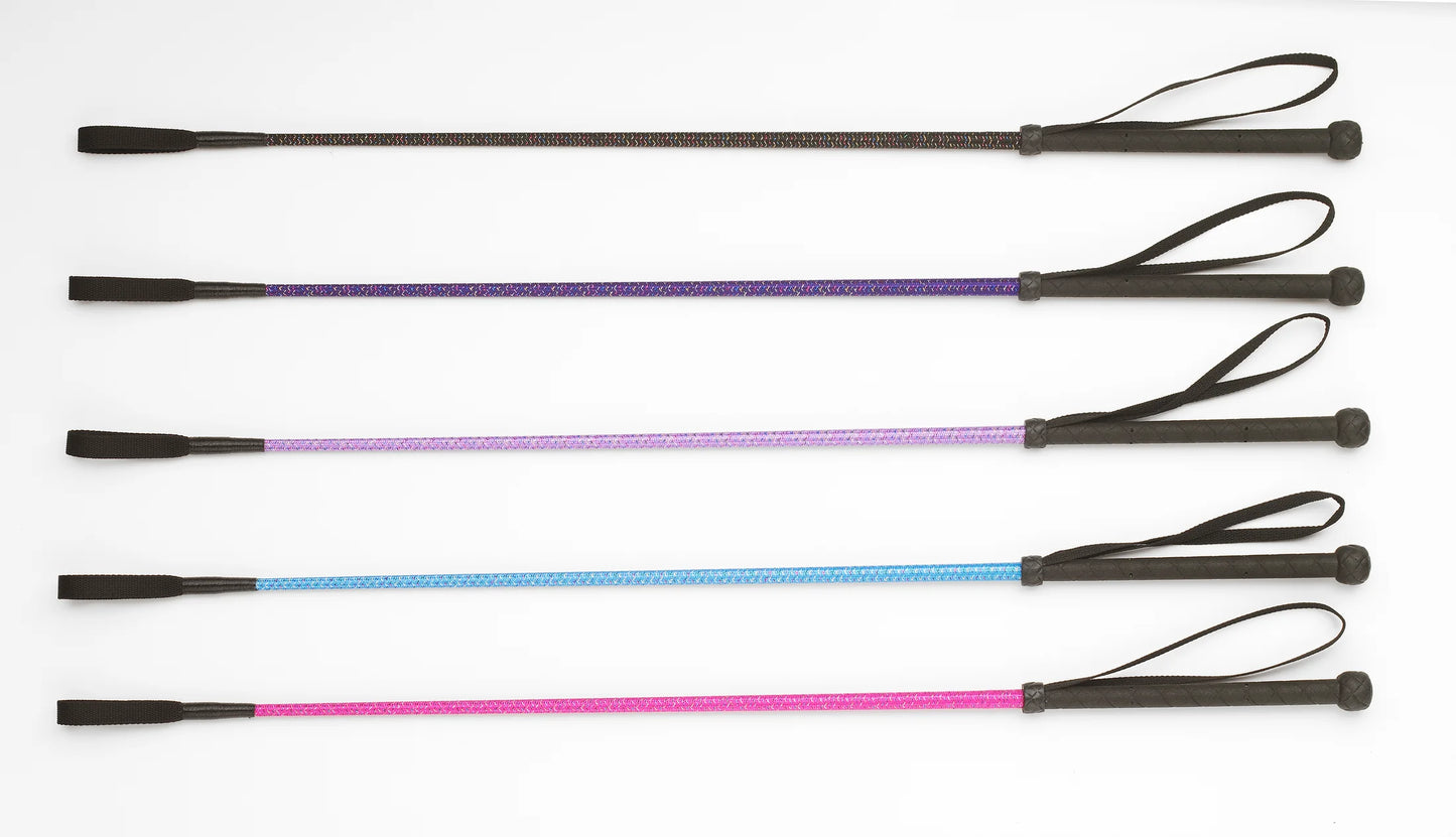 Set of four riding crops with different colored handles on a white background