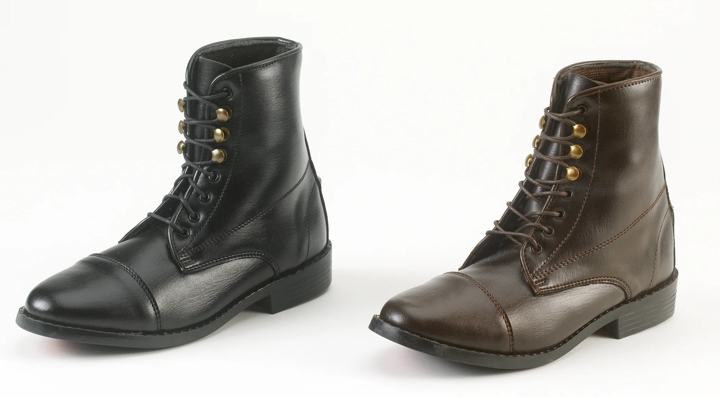 two front lace equestrian riding paddock boots. One black, one brown