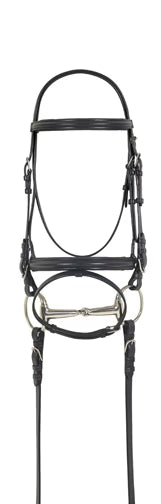 Black dressage bridle with flash and reins on a white background
