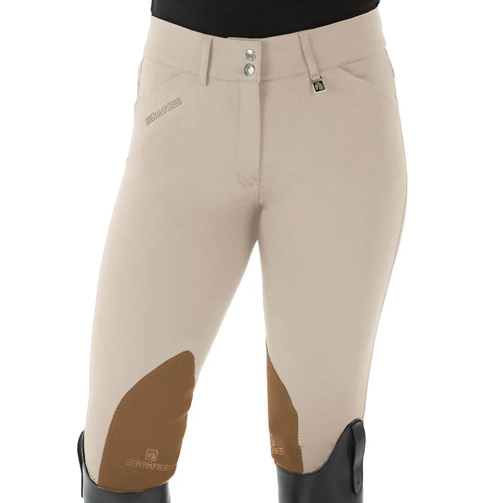 Beige riding pants with brown knee patches on a white background