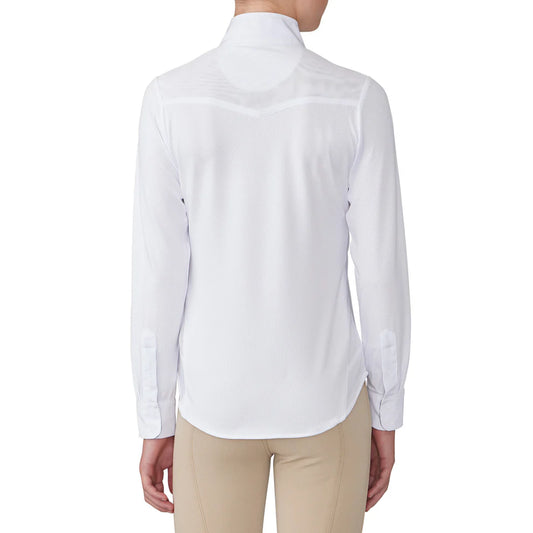 Rear view of a White show shirt worn by a person on a white background