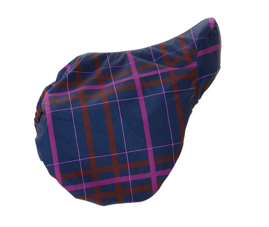 English saddle cover with a plaid print