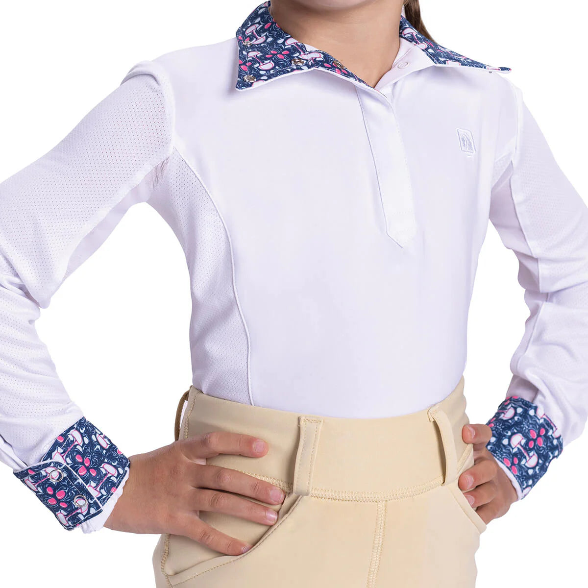 Child equestrian modeling a long sleeve show shirt with print collar and matching cuffs - blue and pink print