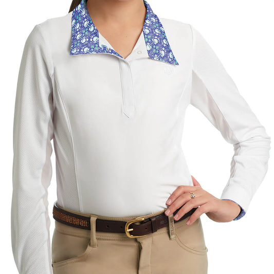 Child equestrian modeling a long sleeve show shirt with print collar and matching cuffs - periwinkle print