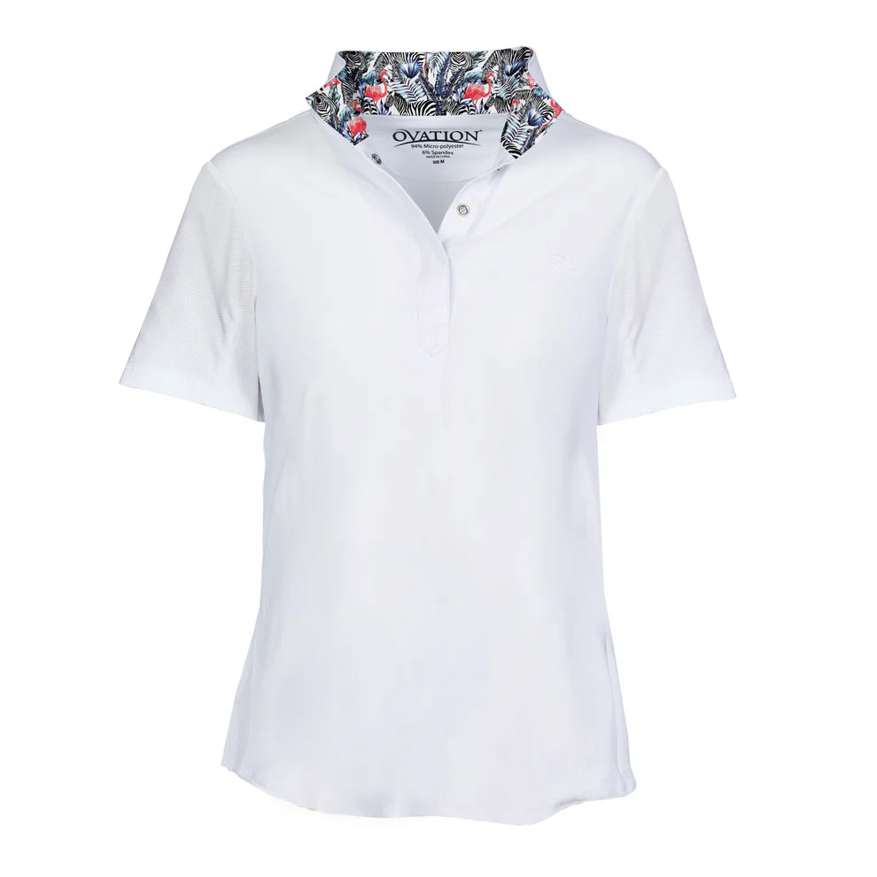 White short sleeve show shirt with a patterned collar on a white background