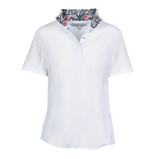 White short sleeve show shirt with a patterned collar on a white background