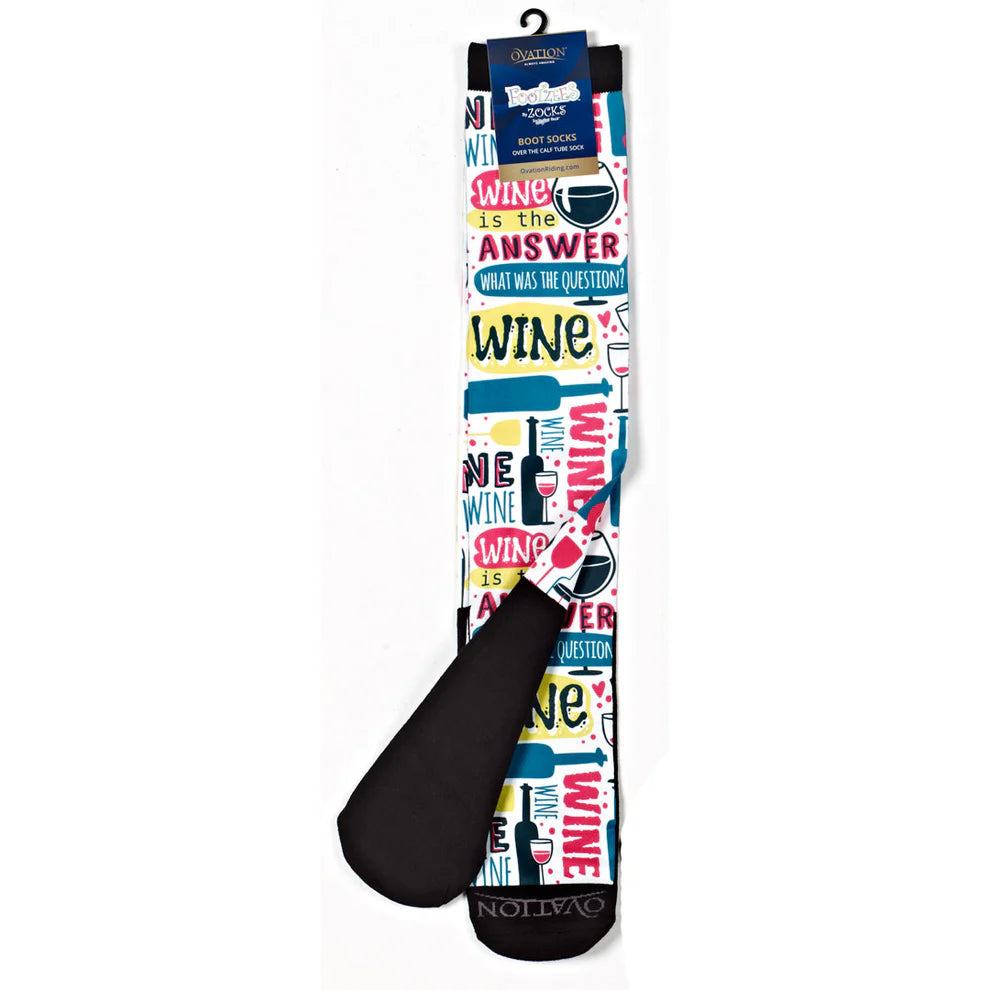 Colorful socks with 'Wine' text and graphics on a white background