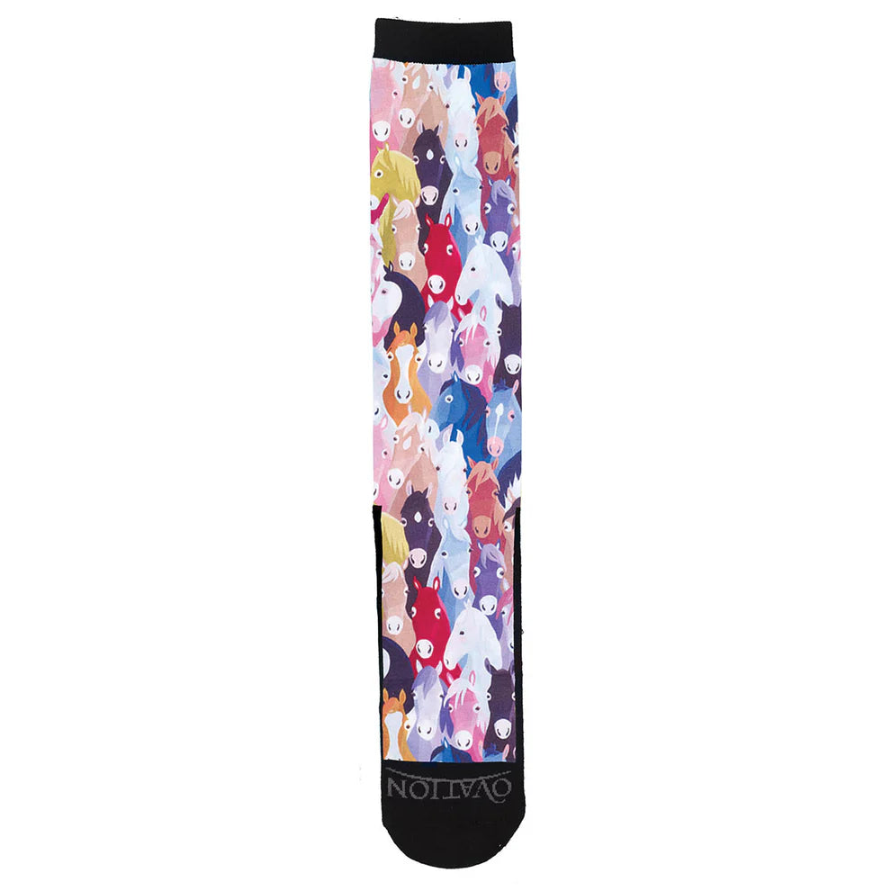 Colorful sock with colorful horse head pattern on a white background