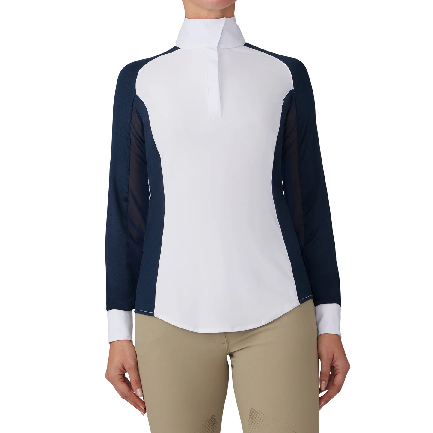 front view of white equestrian show shirt with Navy sleeves and white cuffs.