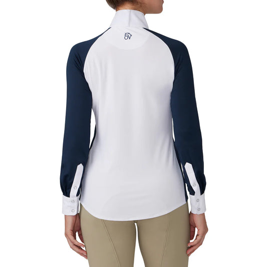 Back view of white equestrian show shirt with Navy sleeves and white cuffs.