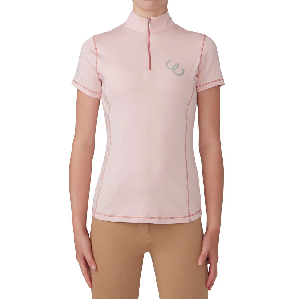 Pink short-sleeve riding top with a horseshoe logo on a white background