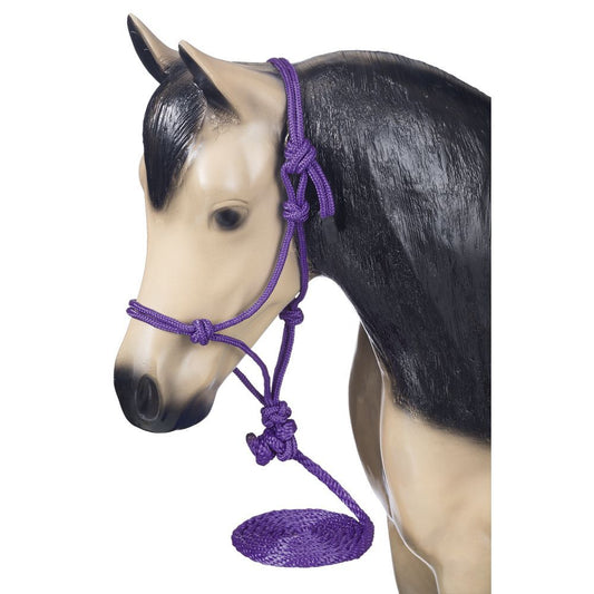 Model buckskin horse wearing a purple rope halter with lead
