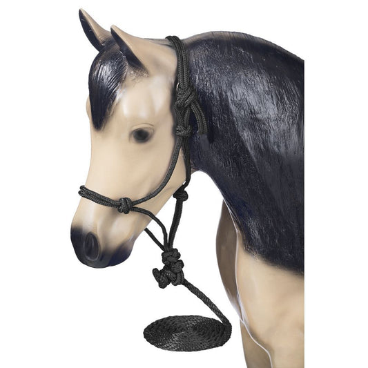 Model buckskin horse wearing a black rope halter with lead