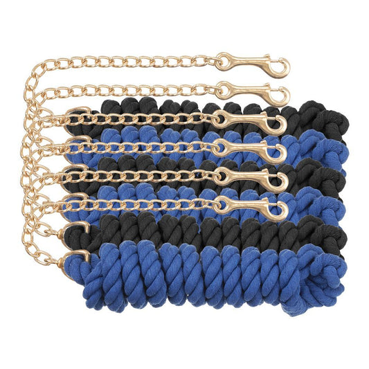 Showing 6 alternating blue and black cotton lead ropes with brass chains
