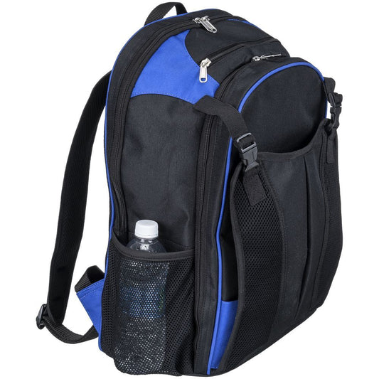 blue and black backpack with compartments