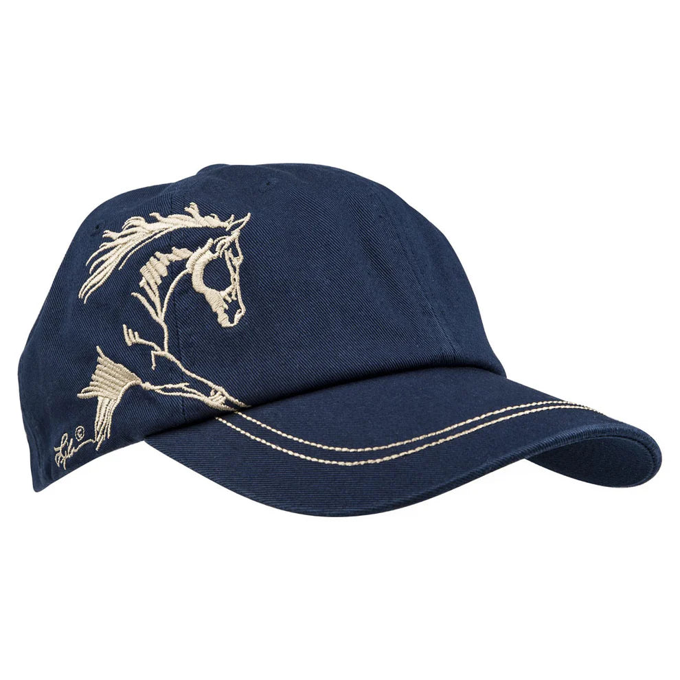 Navy cap with tan embroidered horse in an extended trot