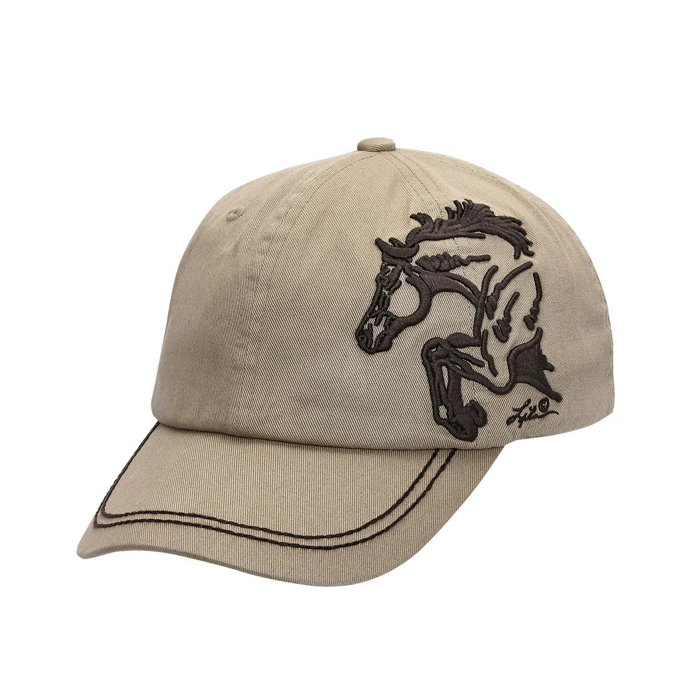 Baseball style tan cap with embroidered jumper horse.