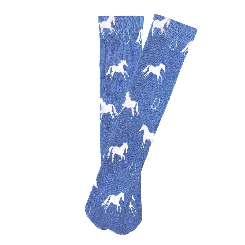 Blue socks with white horse patterns on a white background