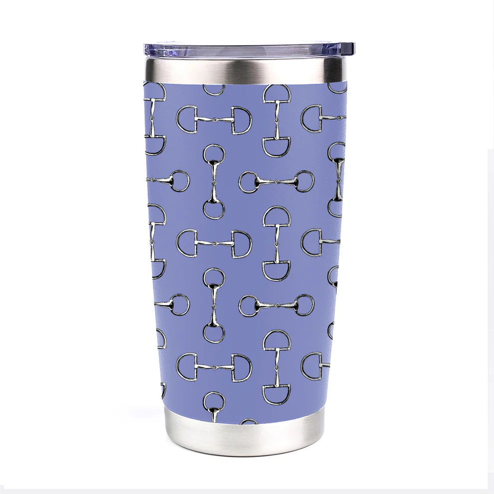 Stainless steel tumbler with a purple bit pattern on a white background