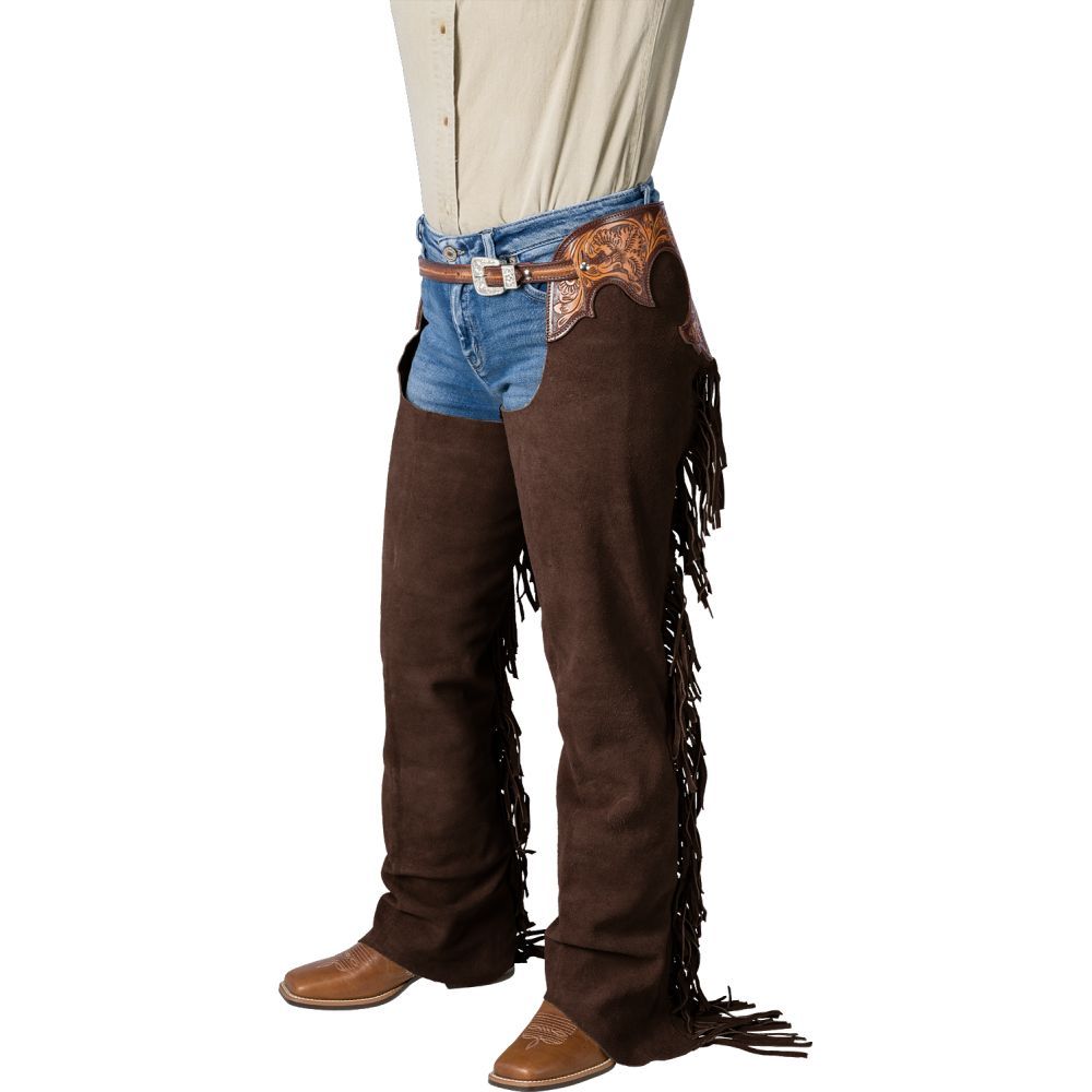 Brown full chaps with fringe and tooled leather accent.
