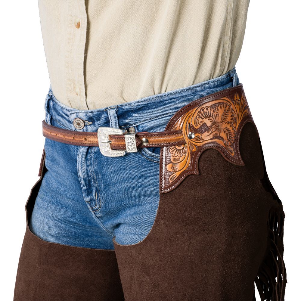 Side view of brown full chaps with fringe and tooled leather accent