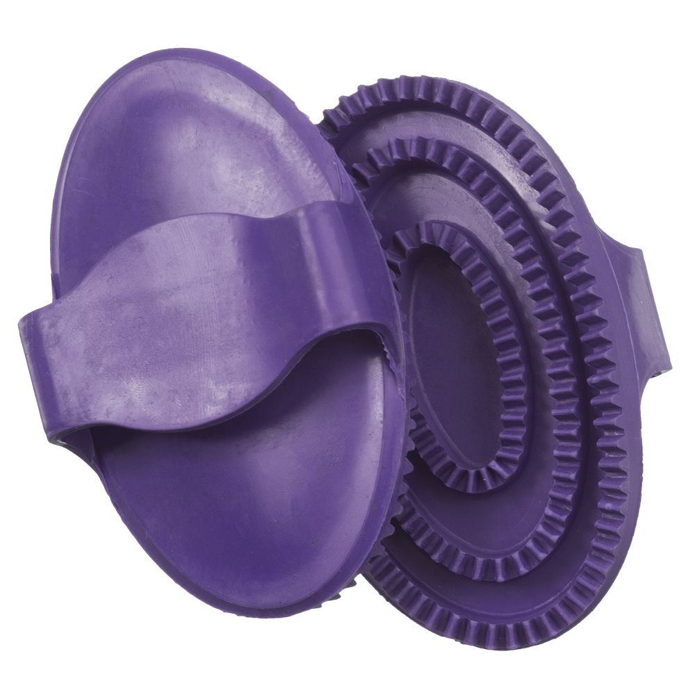 Showing front and back view of a traditional rubber curry comb for grooming horses.