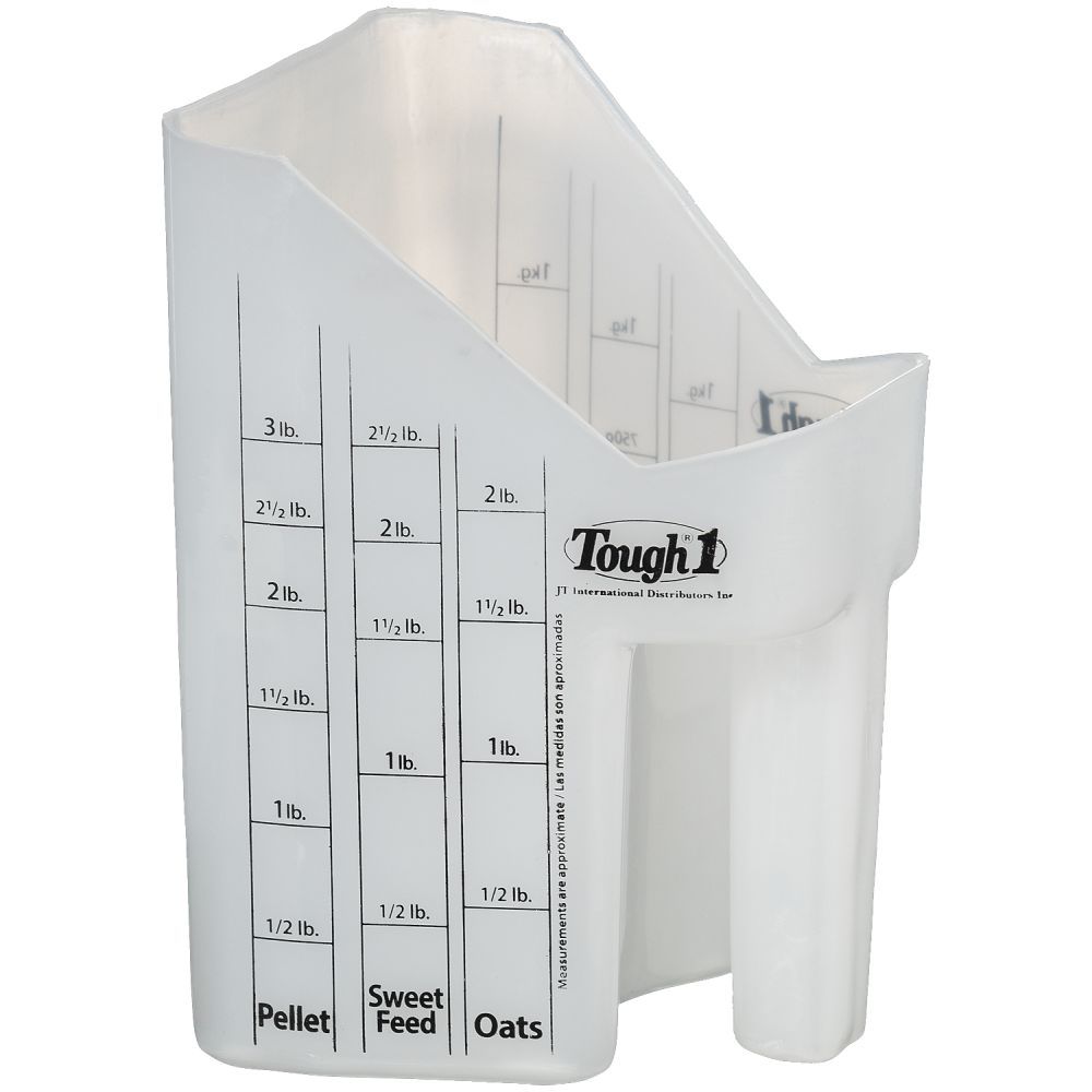 Handled feed scoop with measurement markings