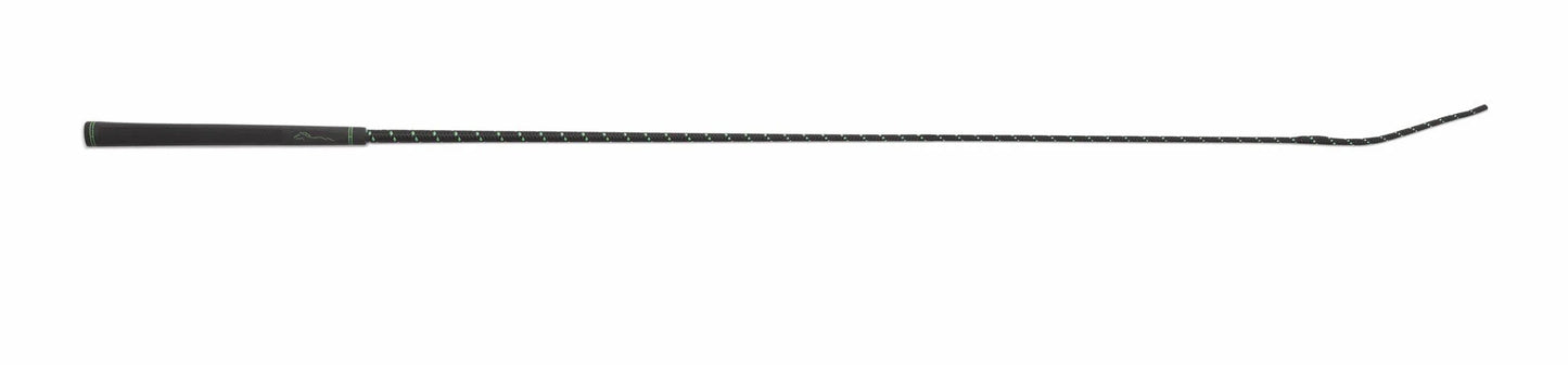 Equestrian dressage whip with green and black threads