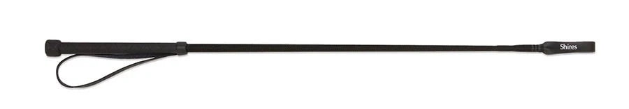 Shires branded black equestrian crop. Long, thin with wrist keeper.