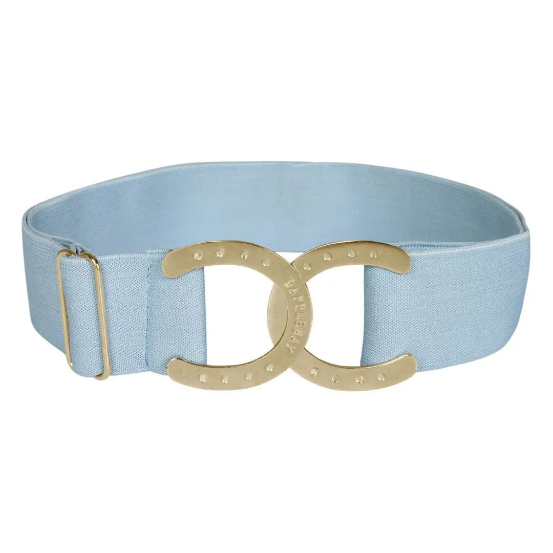 Light blue elastic belt with gold horse shoe buckle