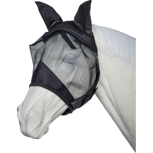 White model horse wearing a black mesh fly mask with ears
