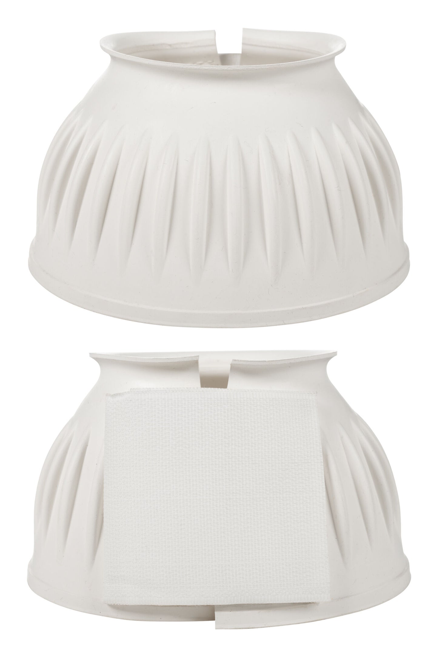 Pair of white equine bell boots with velcro closure