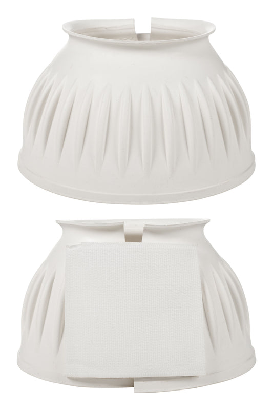 Pair of white equine bell boots with velcro closure