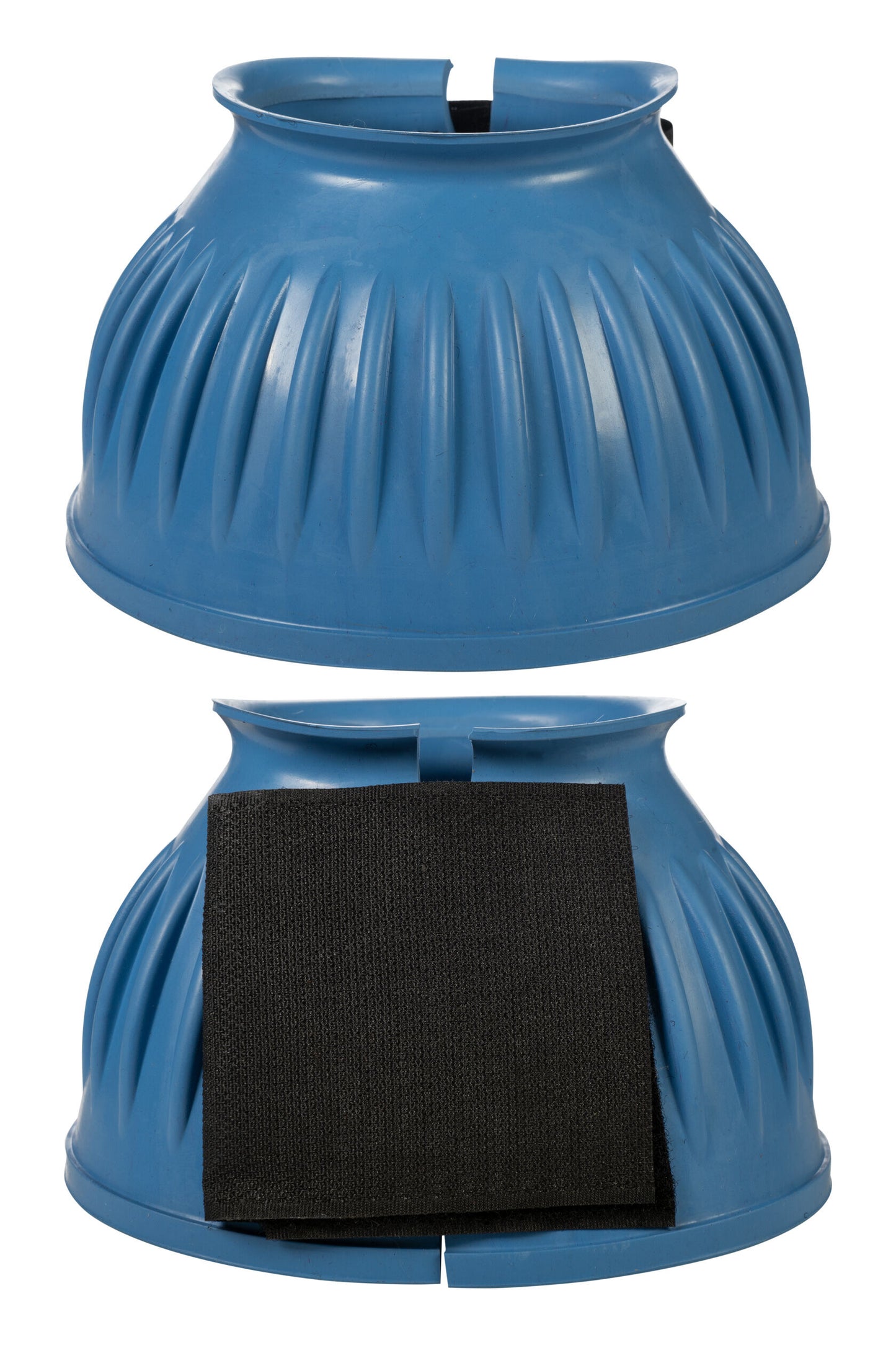 Pair of blue equine bell boots with velcro closure