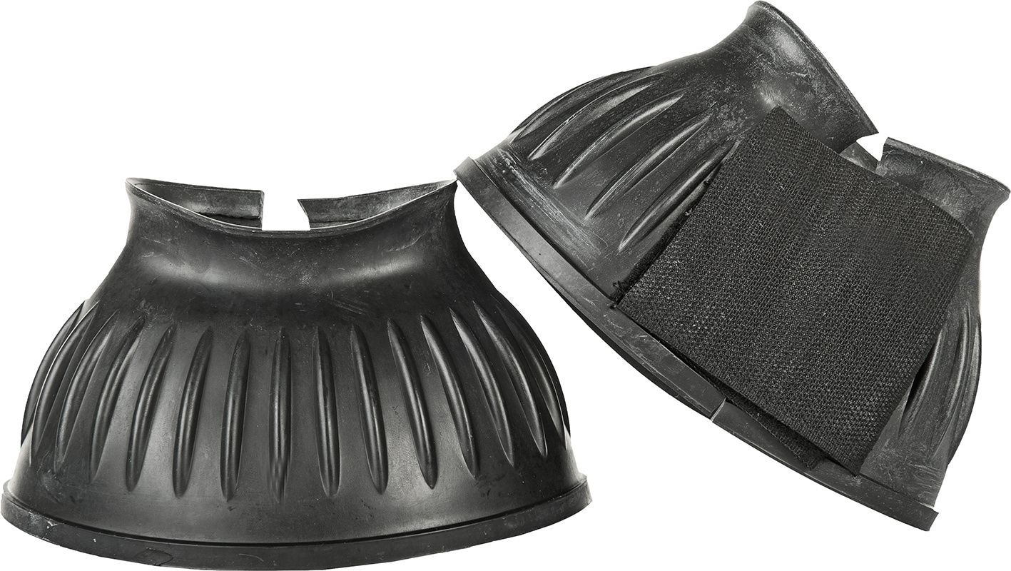 Pair of black equine bell boots with velcro closure