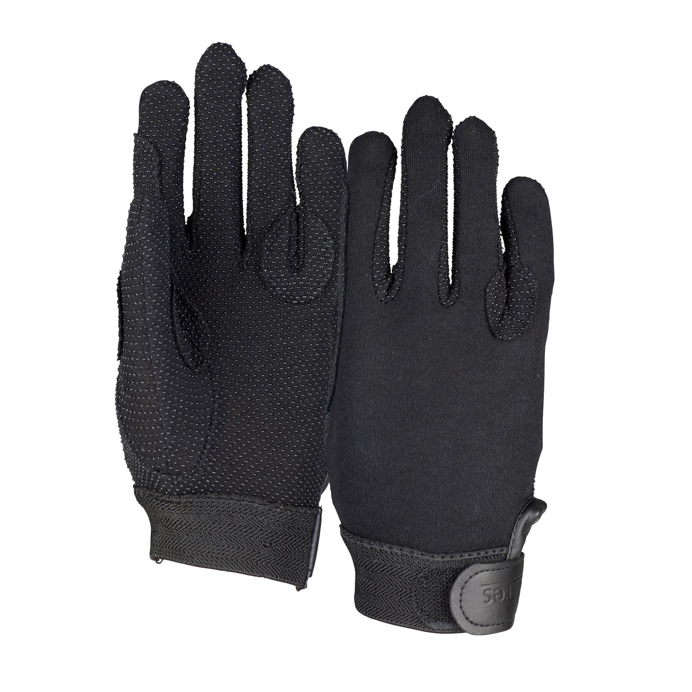Pair of black riding gloves on a white background