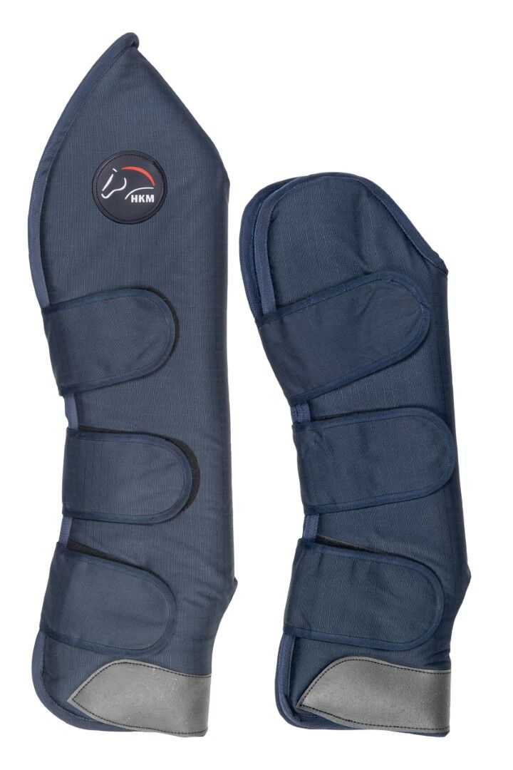showing front and back equine shipping boots. Navy blue with three wide velcro fasteners each. HKM logo on top.