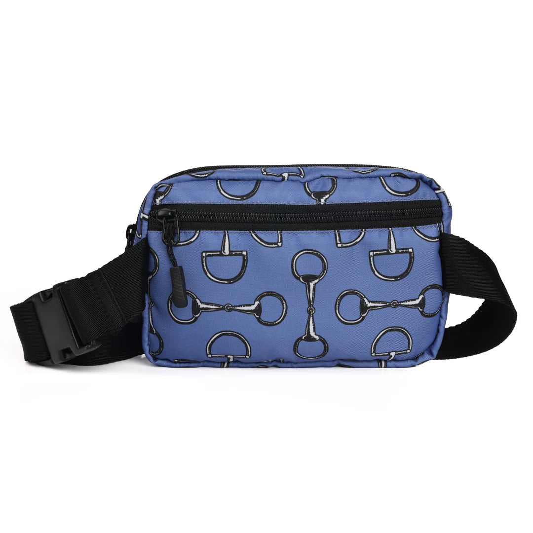 Blue crossbody pouch with print design of snaffle bits. Black strap.