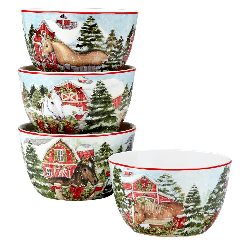 Set of four bowls with horse and barn designs on a white background