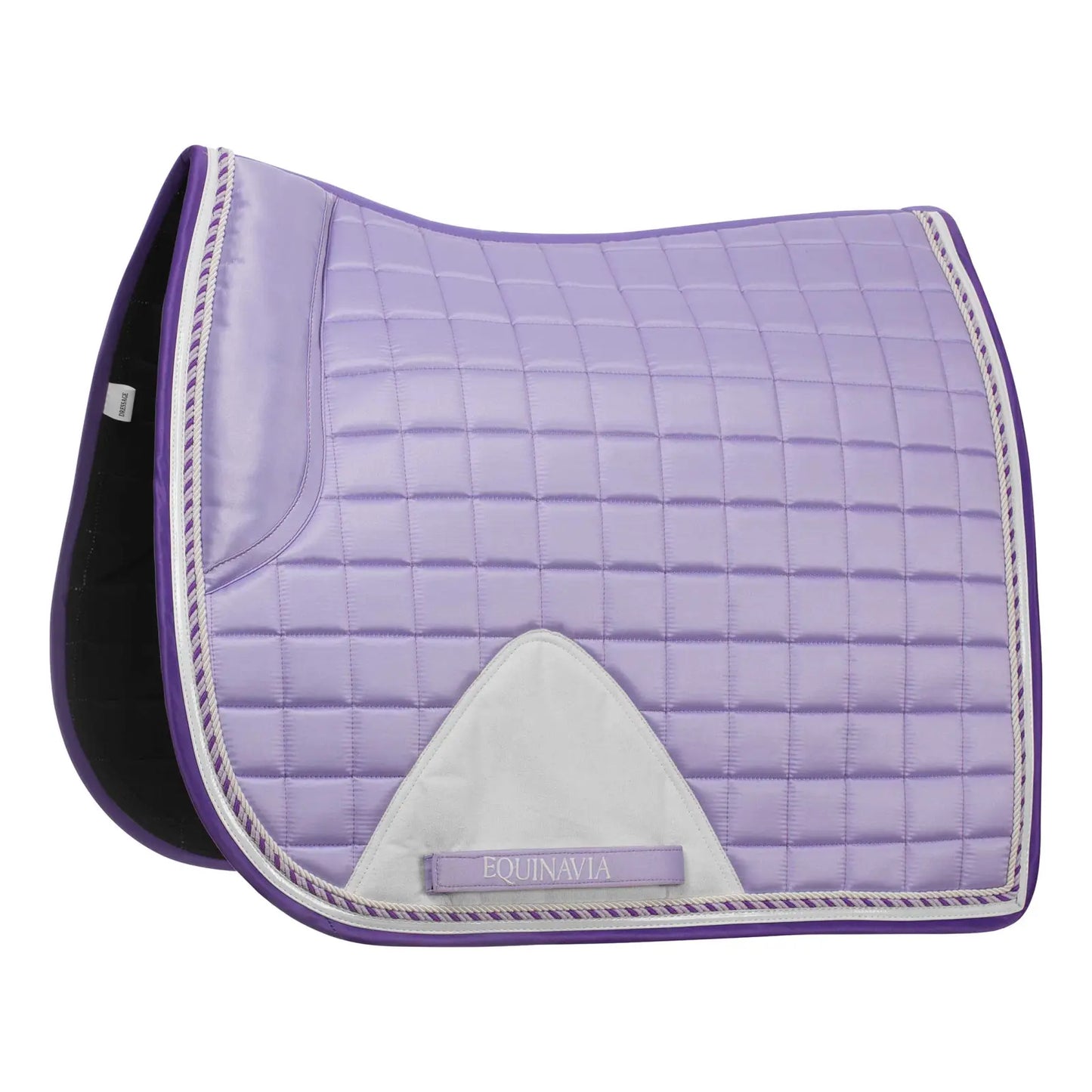 Purple quilted saddle pad with white accents on a white background